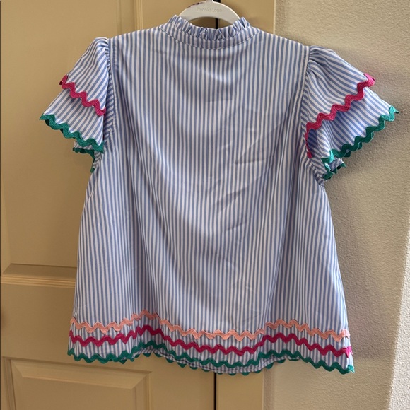 Entro NWT Light Blue and White Striped Blouse with Pink and Green Ric Rac - Picture 8 of 8
